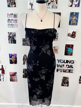 90s Floral black glitter dress